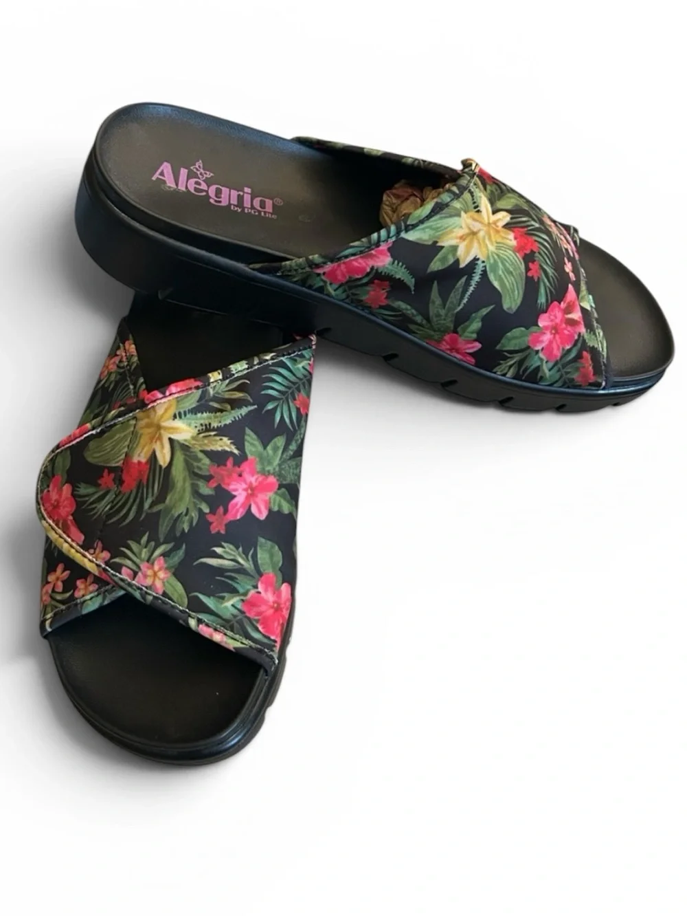 Alegria Airie Black Tropical Floral Sandals Adjustable Slides Size 40 EU